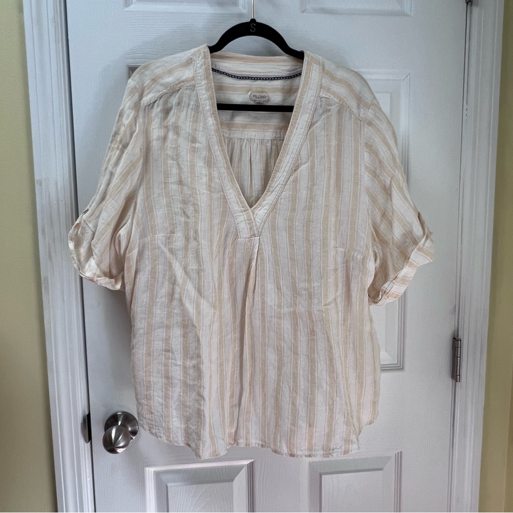 Pilcro Anthropologie Butter Yellow Striped Linen Deep V Neck Tunic size 2X